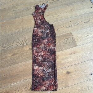 Fashion Nova Sleeveless Maxi Swim Coverup Dress in Rust and Brown Abstract